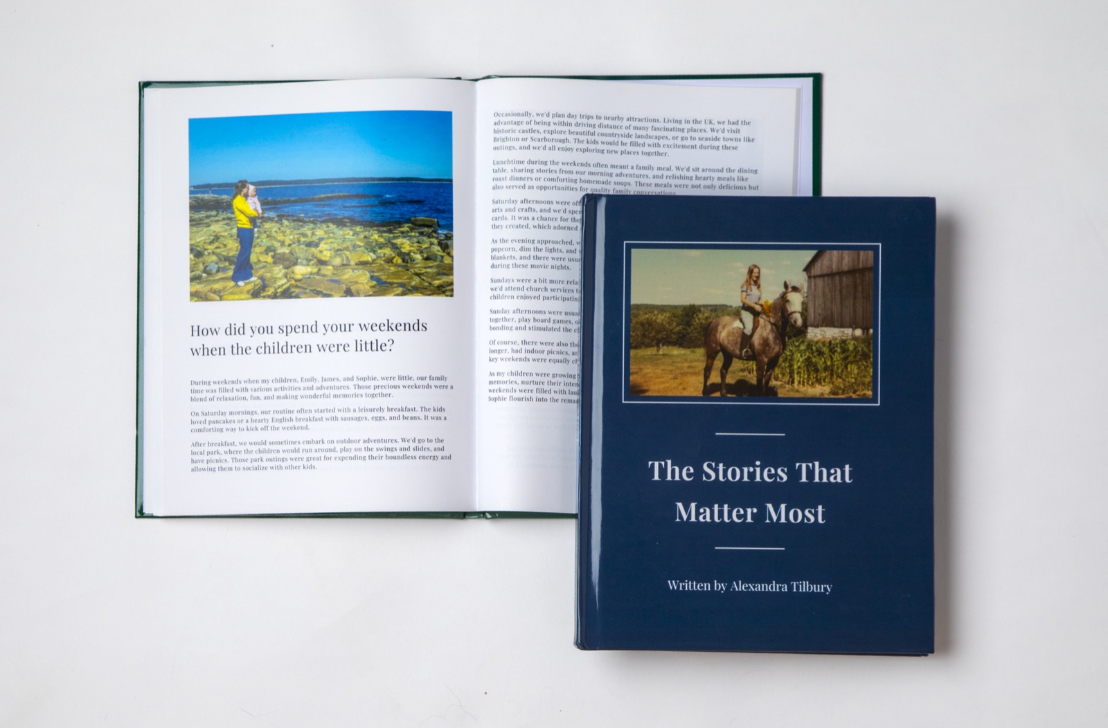 A YourStory hardback open to a page spread, with a family photo and their own words